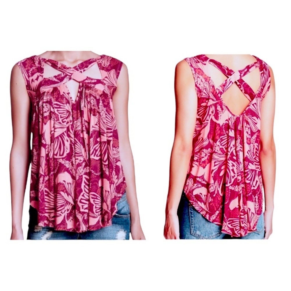 $88 Free People Tropical Breeze Top XSMALL 0 2 Swingy Strappy V Neck Sleeveless